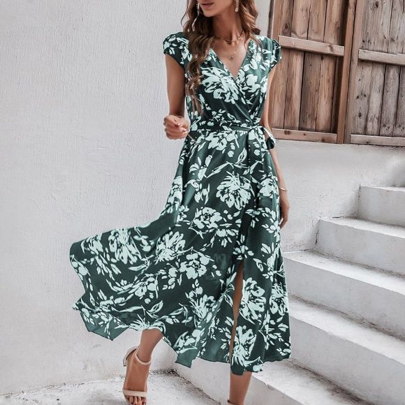 New Floral Print Puff Sleeve Wrap Belted Dress Green - Picture 6 of 6